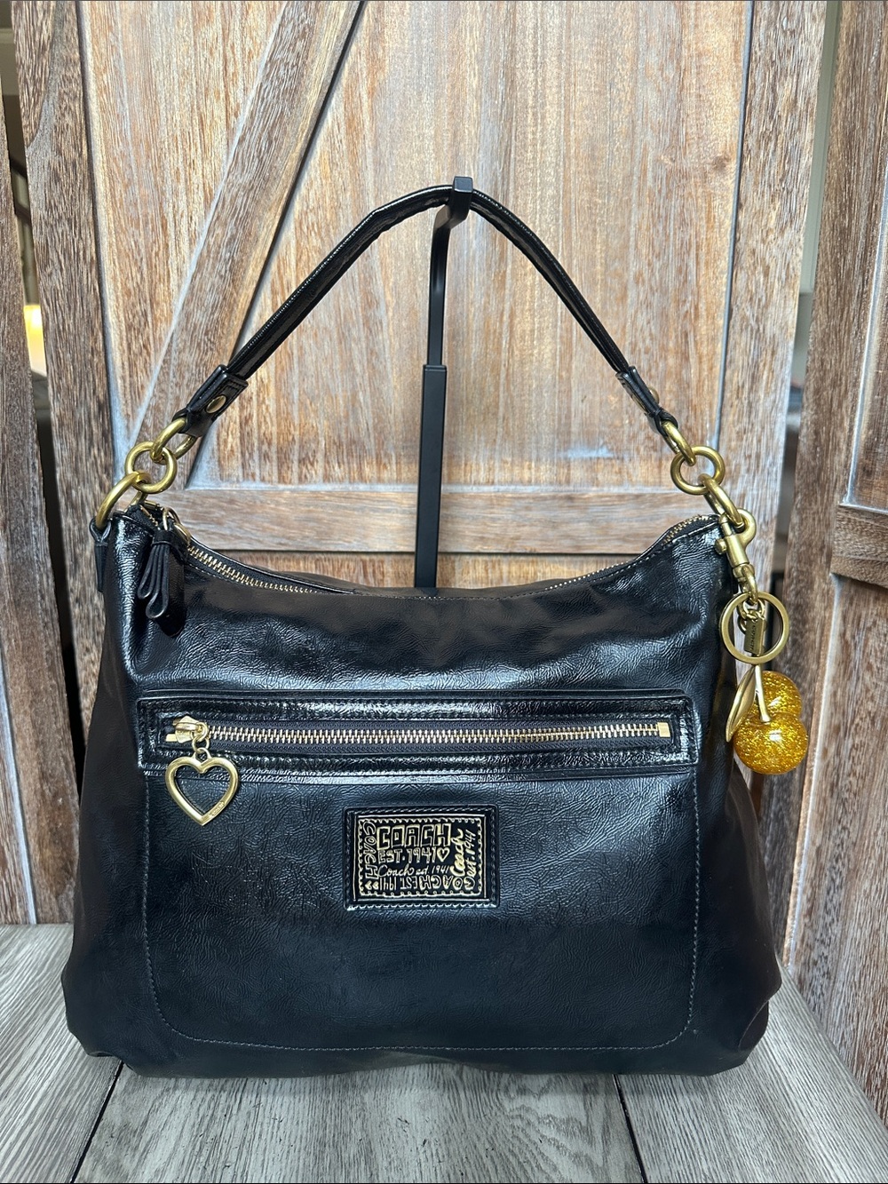 Coach Vintage Y2K Poppy Black Liquid Gloss Tote & Gold Coach Cherry Charm